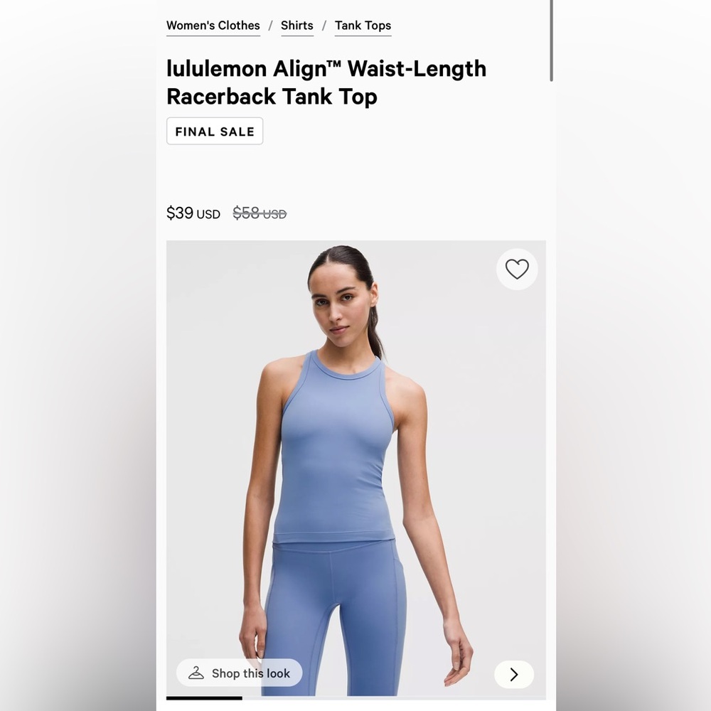 NWT: lululemon Align™ Waist-Length Racerback Tank Top, Prep Blue, Size 12